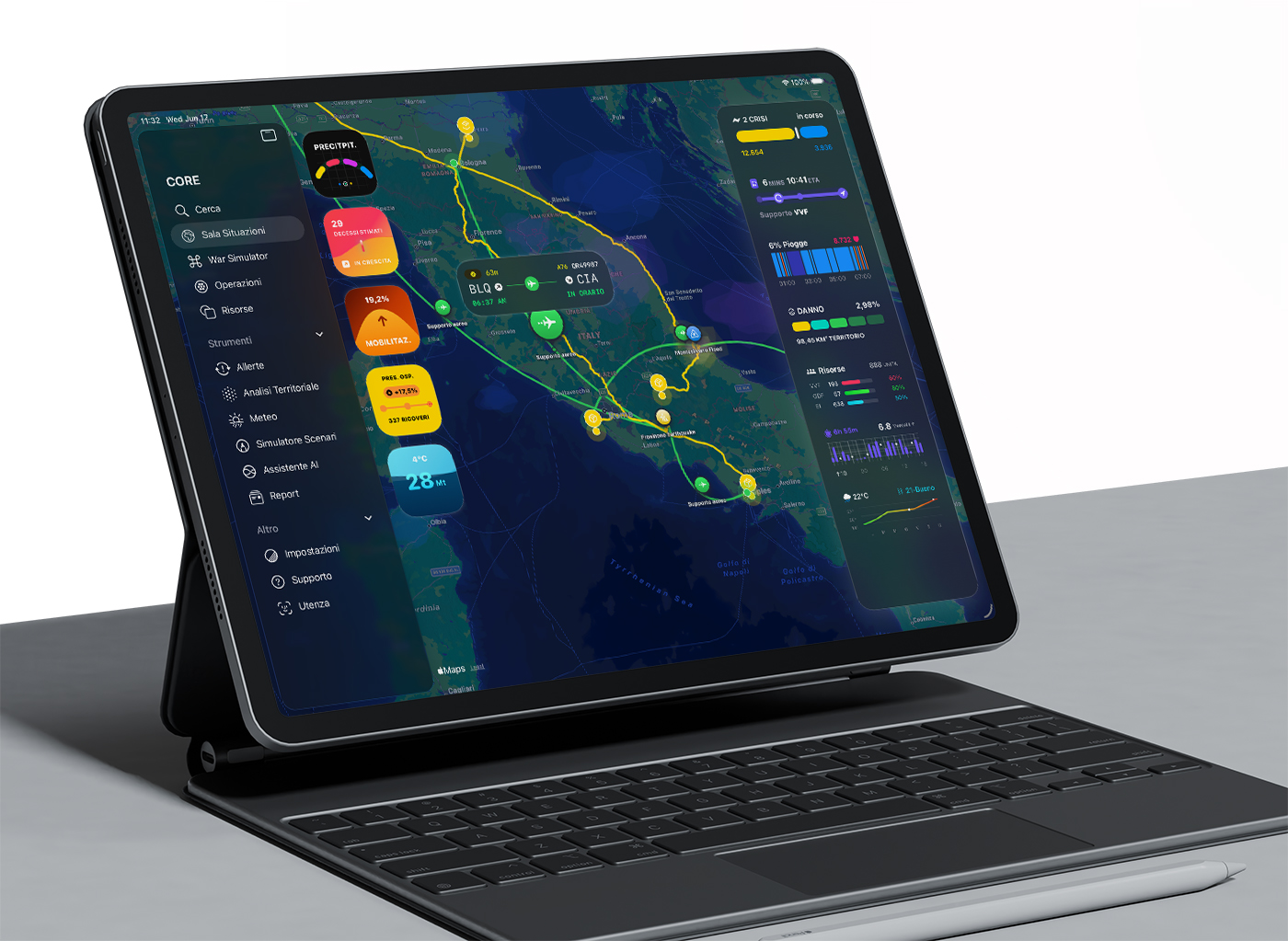 Core crisis simulation and real-time monitoring interface